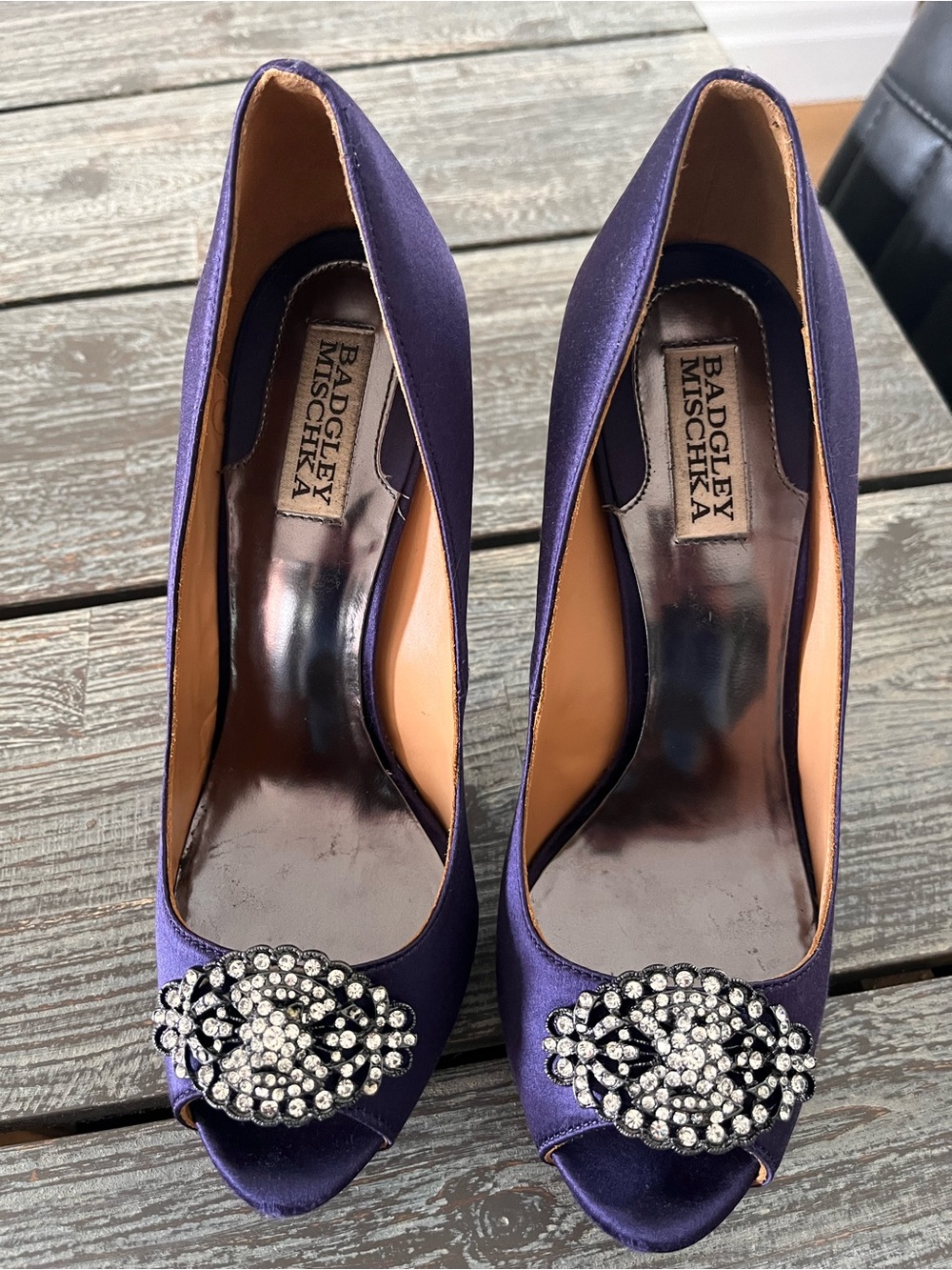 Badgley Mischka Deep Purple Satin Crystal-Brooch Peep Toe Pumps
